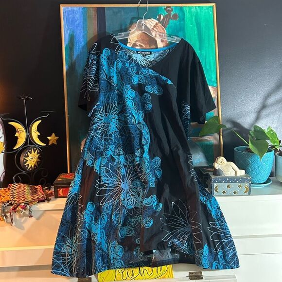Leopards & Roses Elegant Boho Asymmetrical Black and Blue Dress XL - Picture 1 of 16